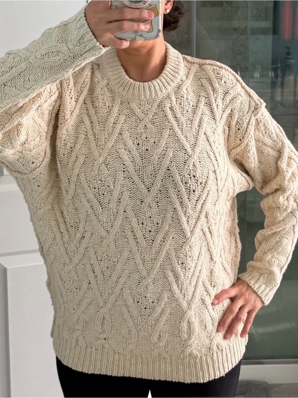 Free People Cream Cable Knit Crewneck Sweater